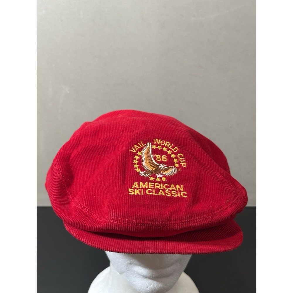 Vintage American Ski Classic Vail World Cup '86 Red Corduroy Newsboy Hat